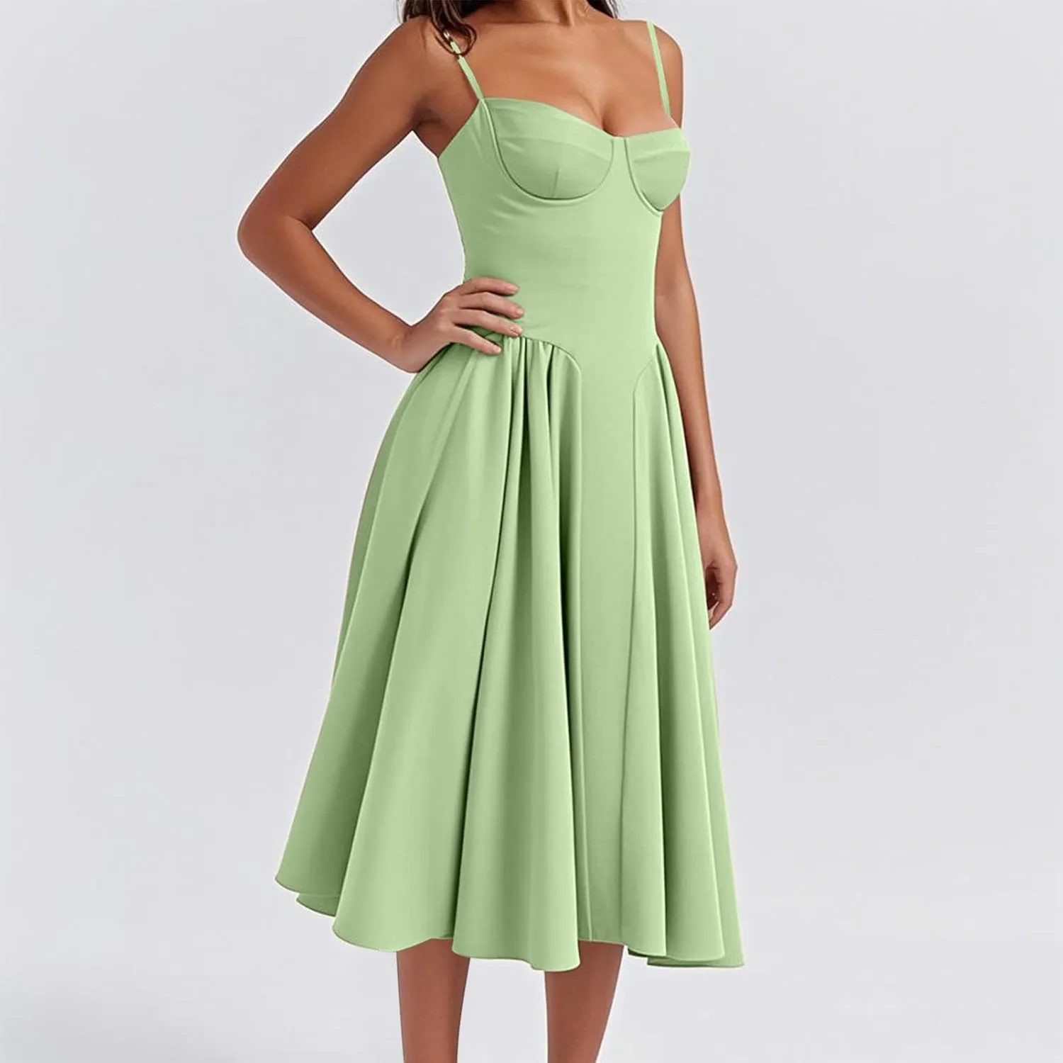 2025 Corset Dress for Women Elegant Spaghetti Strap Bustier Midi Dress Flowy Pleated Hem Prom Dresses with Pockets