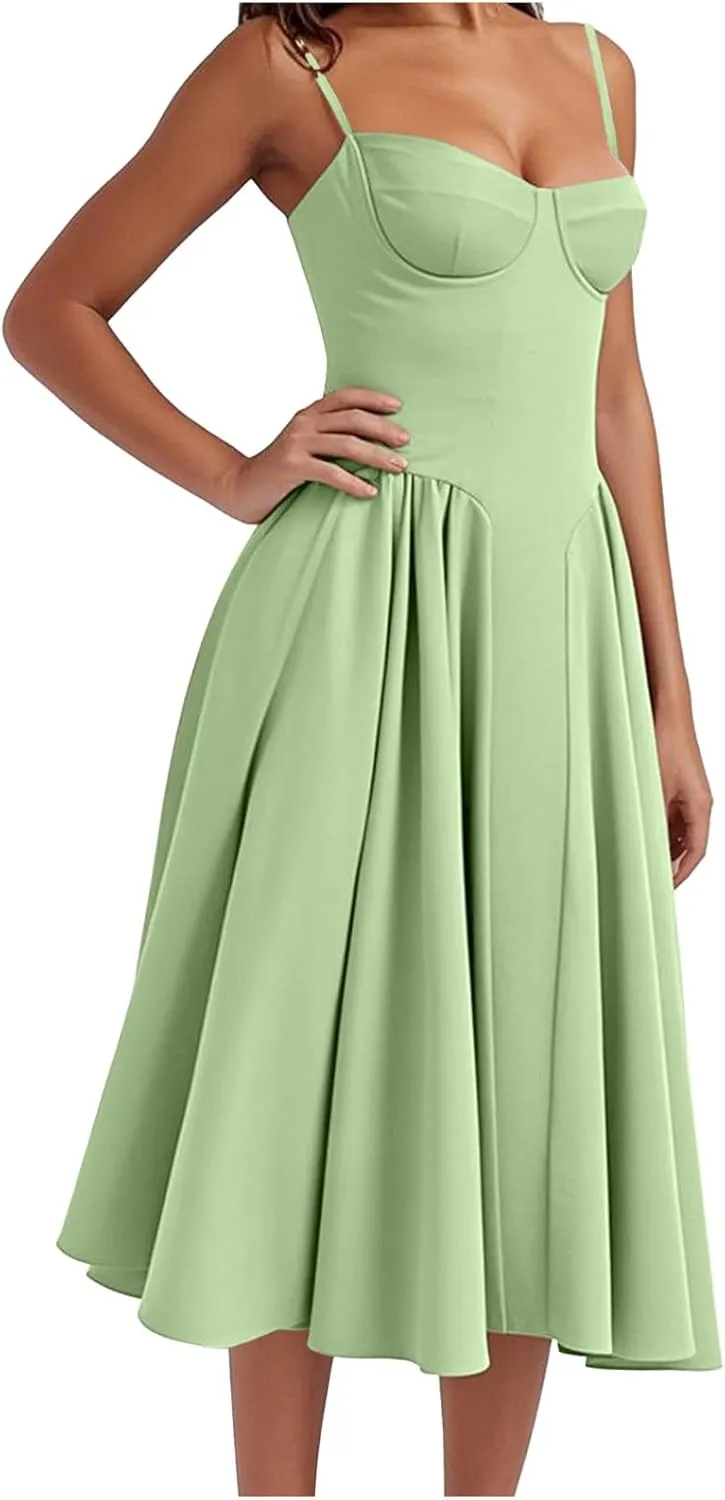 2025 Corset Dress for Women Elegant Spaghetti Strap Bustier Midi Dress Flowy Pleated Hem Prom Dresses with Pockets