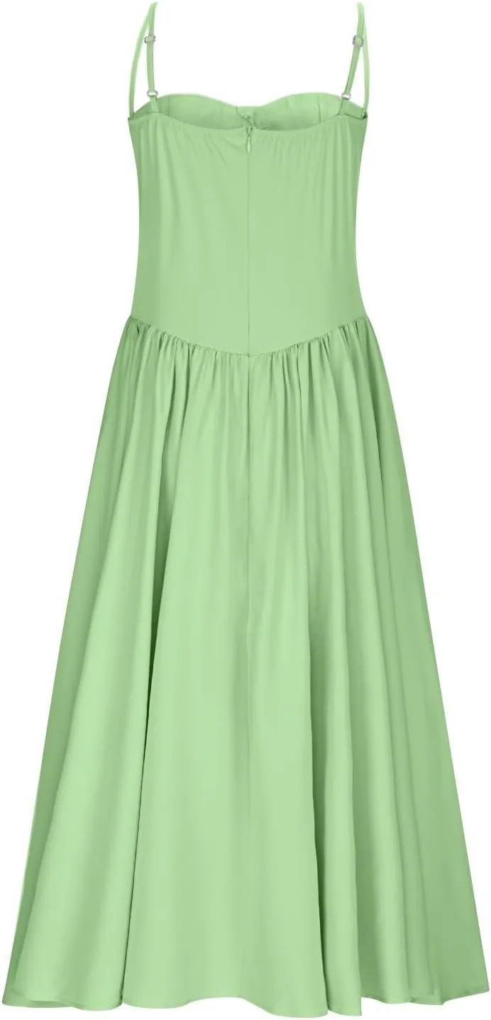 2025 Corset Dress for Women Elegant Spaghetti Strap Bustier Midi Dress Flowy Pleated Hem Prom Dresses with Pockets
