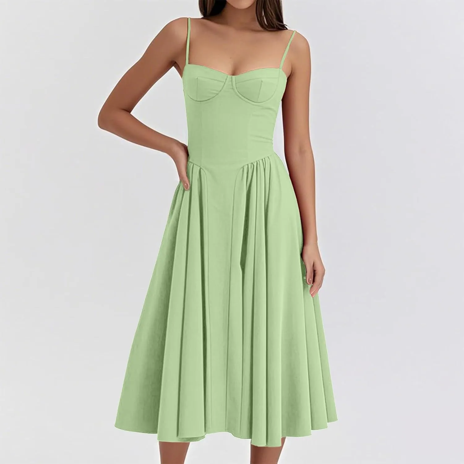 2025 Corset Dress for Women Elegant Spaghetti Strap Bustier Midi Dress Flowy Pleated Hem Prom Dresses with Pockets