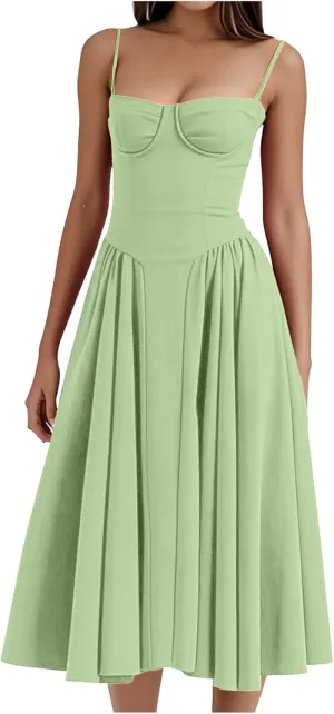 2025 Corset Dress for Women Elegant Spaghetti Strap Bustier Midi Dress Flowy Pleated Hem Prom Dresses with Pockets