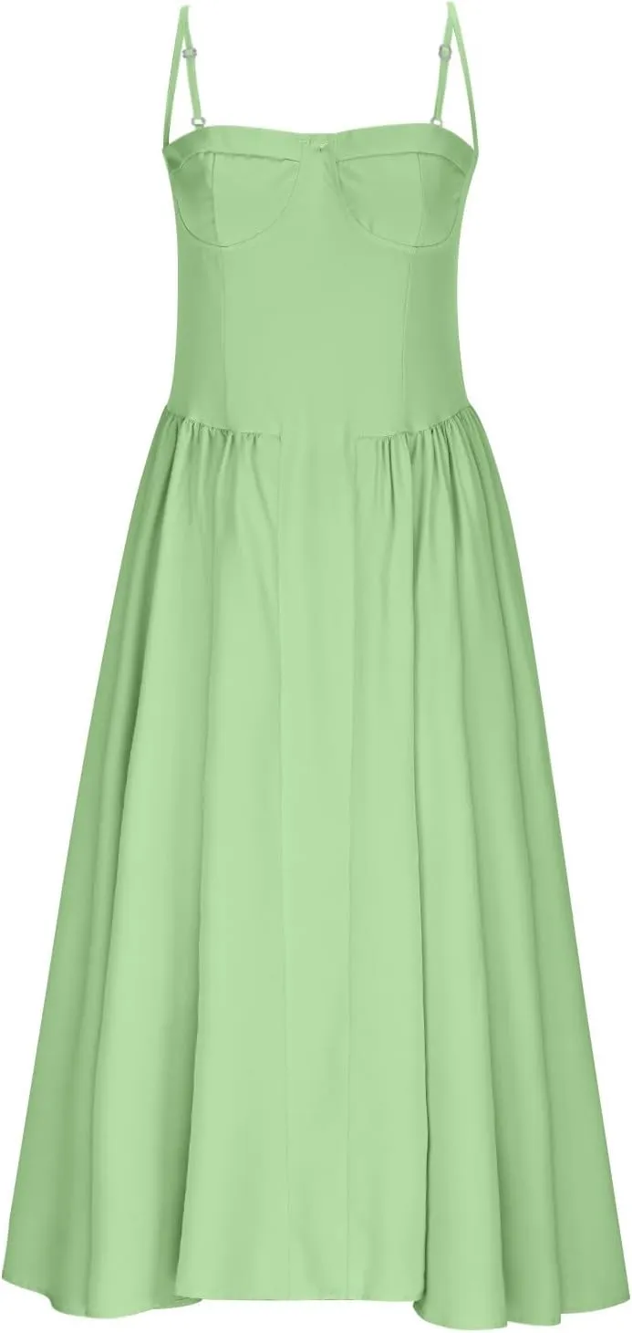 2025 Corset Dress for Women Elegant Spaghetti Strap Bustier Midi Dress Flowy Pleated Hem Prom Dresses with Pockets