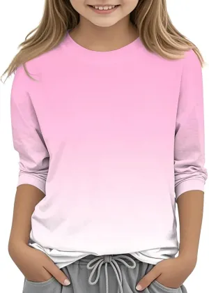 3/4 Length Sleeve Girls Tops Gradient Print Shirts Summer Cute Tees Basic Crewneck Blose Preppy Tops for Teen Girls