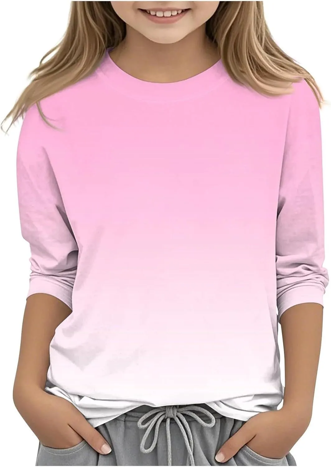 3/4 Length Sleeve Girls Tops Gradient Print Shirts Summer Cute Tees Basic Crewneck Blose Preppy Tops for Teen Girls