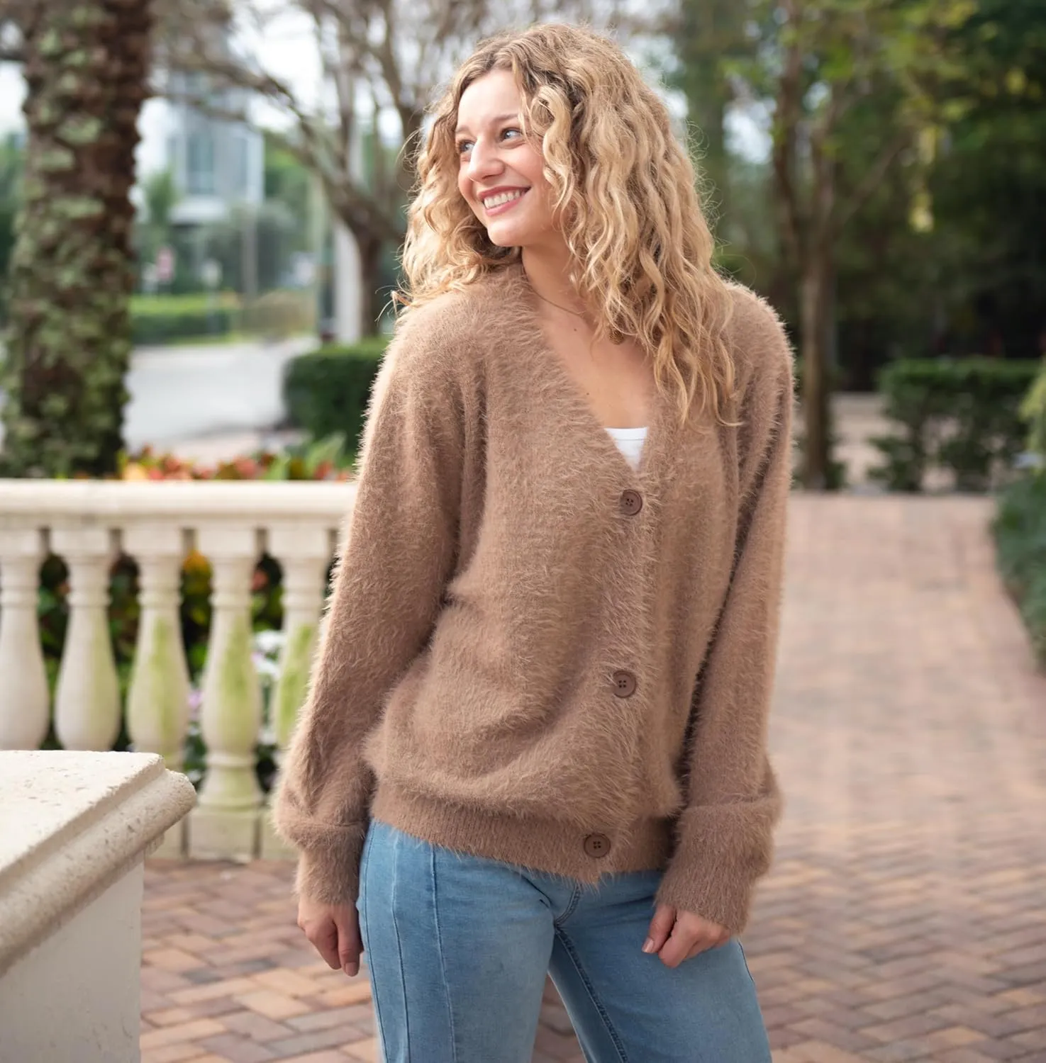 Back From Bali Womens Slouchy V-Neck Cardigan Fuzzy Knit Sweater Oversized Drop Shoulder Long Sleeves