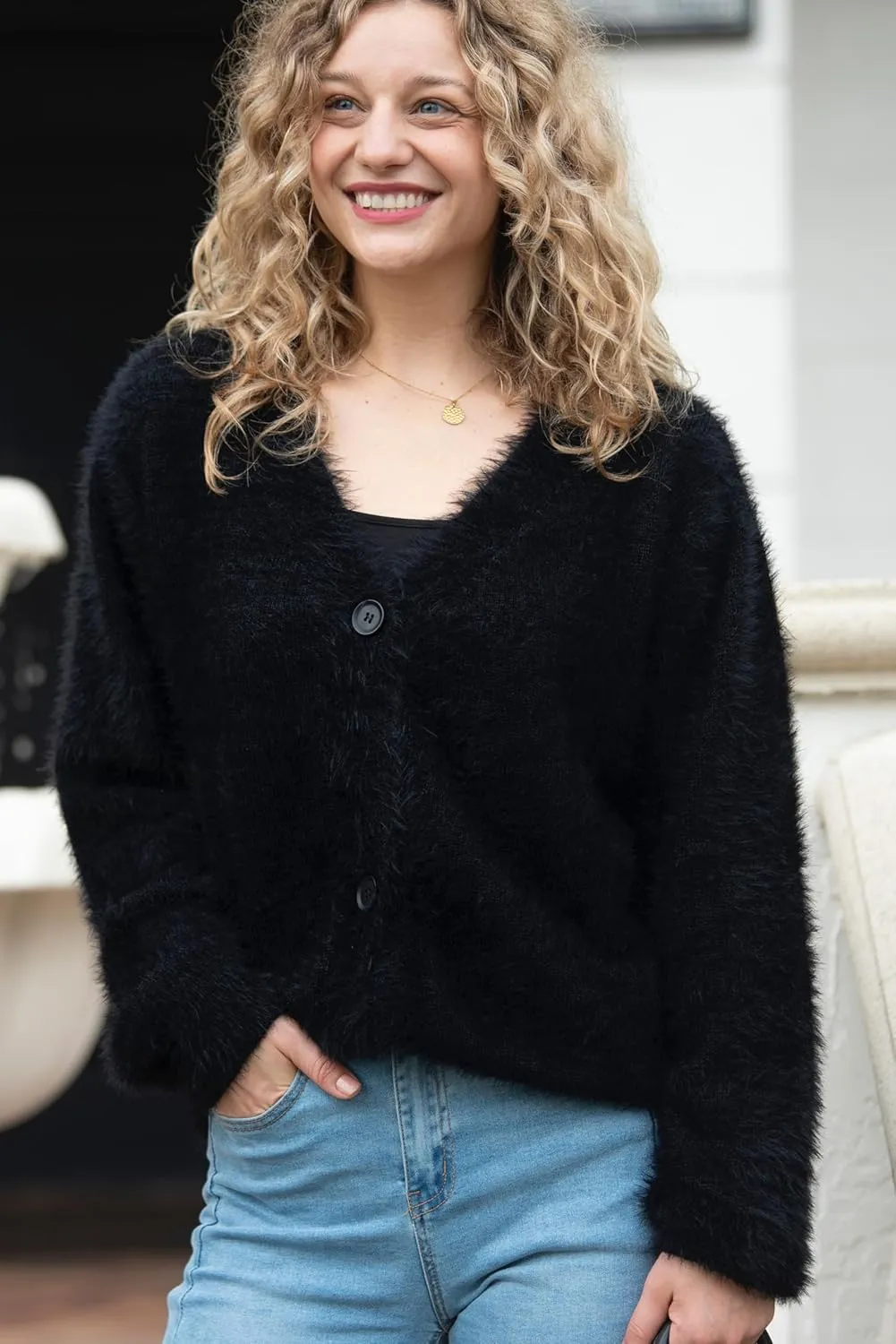 Back From Bali Womens Slouchy V-Neck Cardigan Fuzzy Knit Sweater Oversized Drop Shoulder Long Sleeves