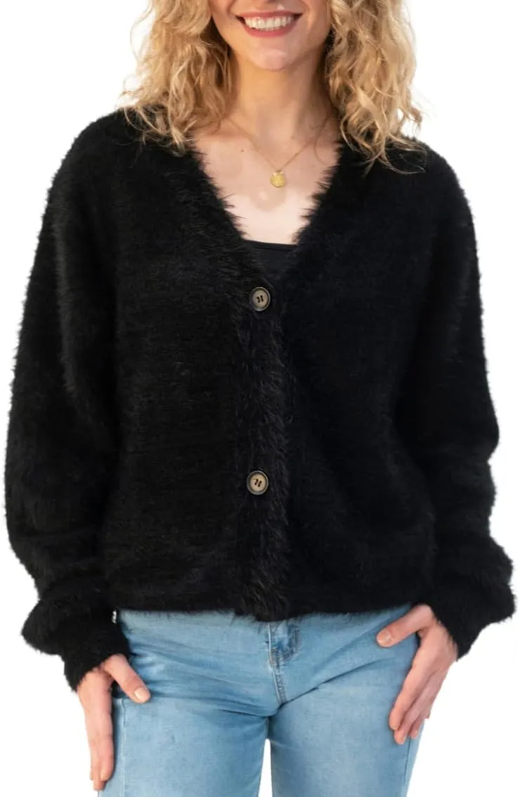 Back From Bali Womens Slouchy V-Neck Cardigan Fuzzy Knit Sweater Oversized Drop Shoulder Long Sleeves