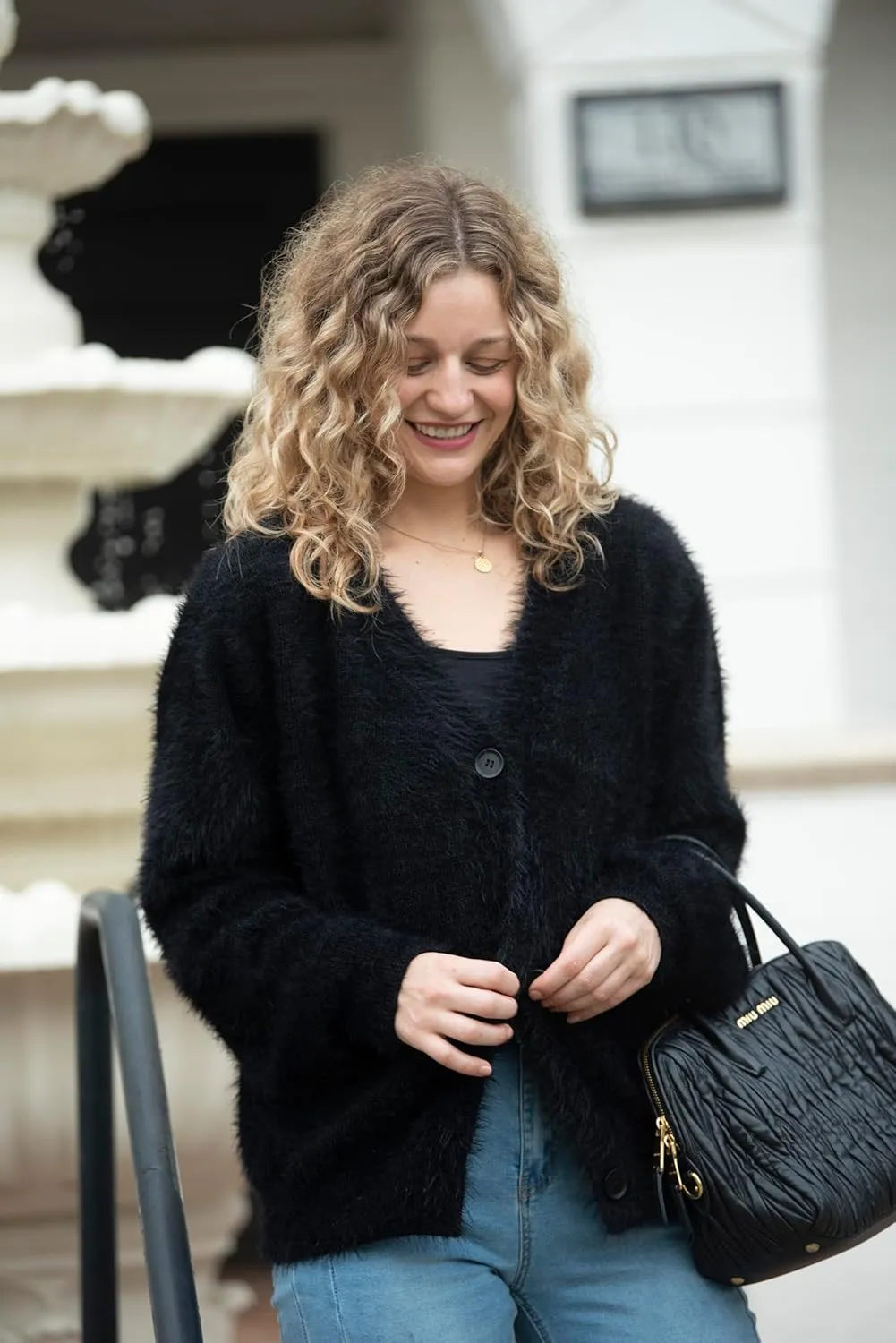 Back From Bali Womens Slouchy V-Neck Cardigan Fuzzy Knit Sweater Oversized Drop Shoulder Long Sleeves
