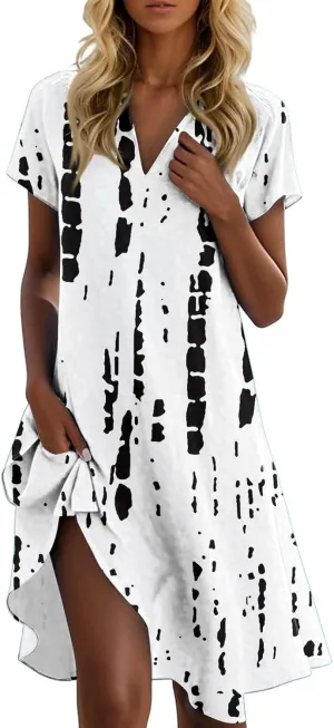 Beach Dresses for Women,2025 Summer Trendy Floral Print Boho Vacation Dress,Casual Short Sleeve Flowy Midi Dress