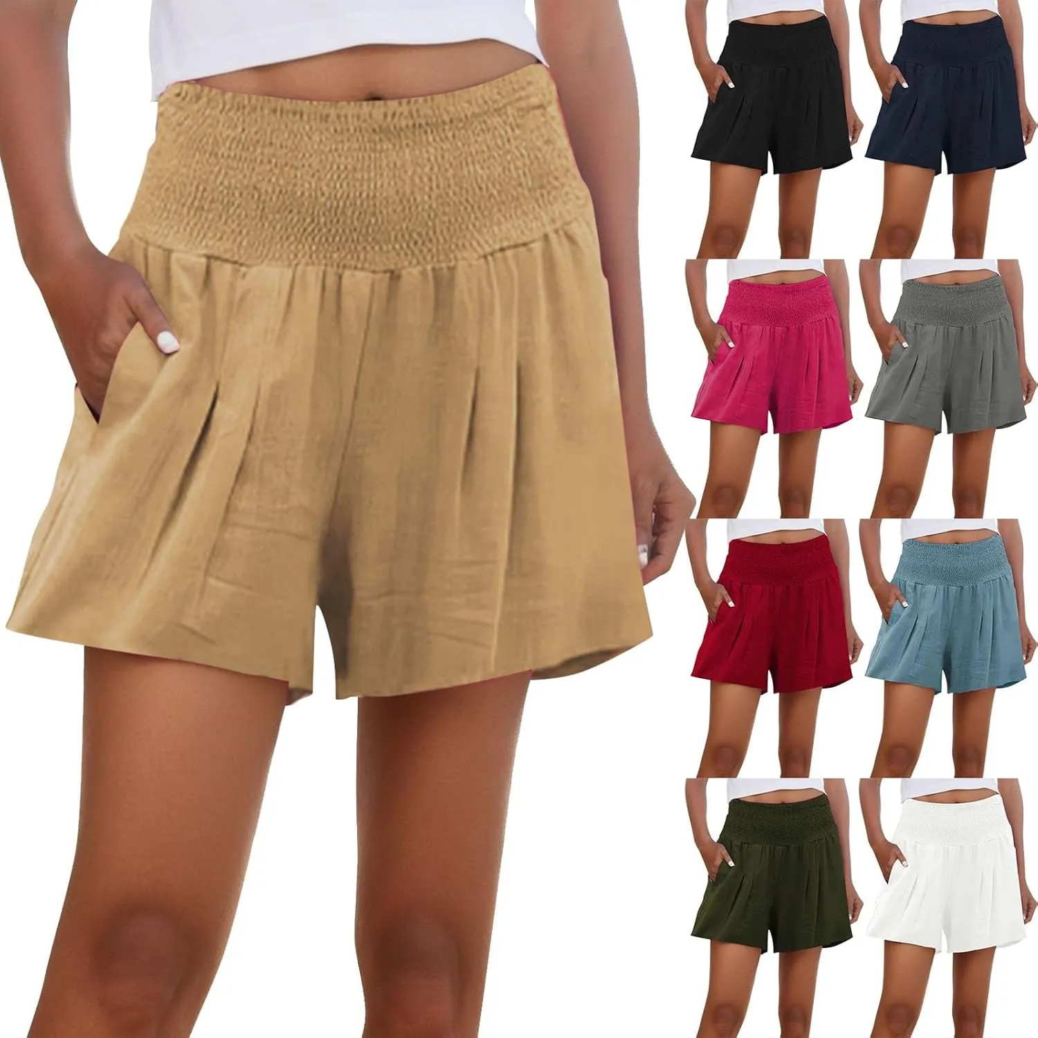 Beach Shorts for Women Casual Summer Smocked High Waisted Shorts Wide Leg Flowy Short Lounge Pants with Pockets