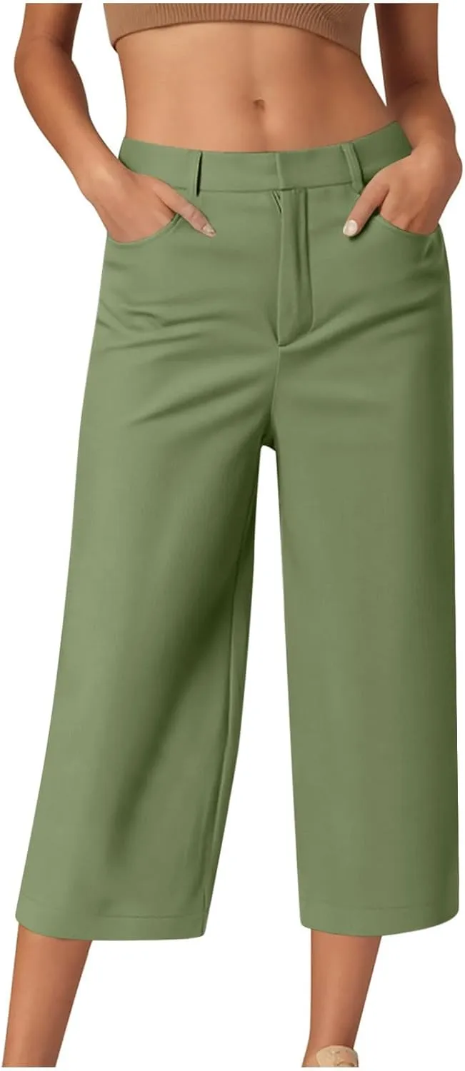 Capri Pants for Women High Waisted Wide Leg Lounge Capris Stretch Trendy Work Business Cropped Trousers
