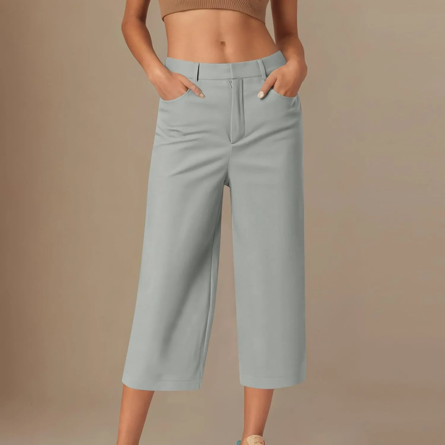 Capri Pants for Women High Waisted Wide Leg Lounge Capris Stretch Trendy Work Business Cropped Trousers