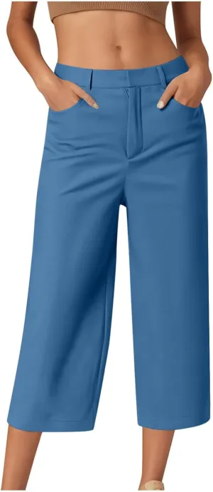 Capri Pants for Women High Waisted Wide Leg Lounge Capris Stretch Trendy Work Business Cropped Trousers