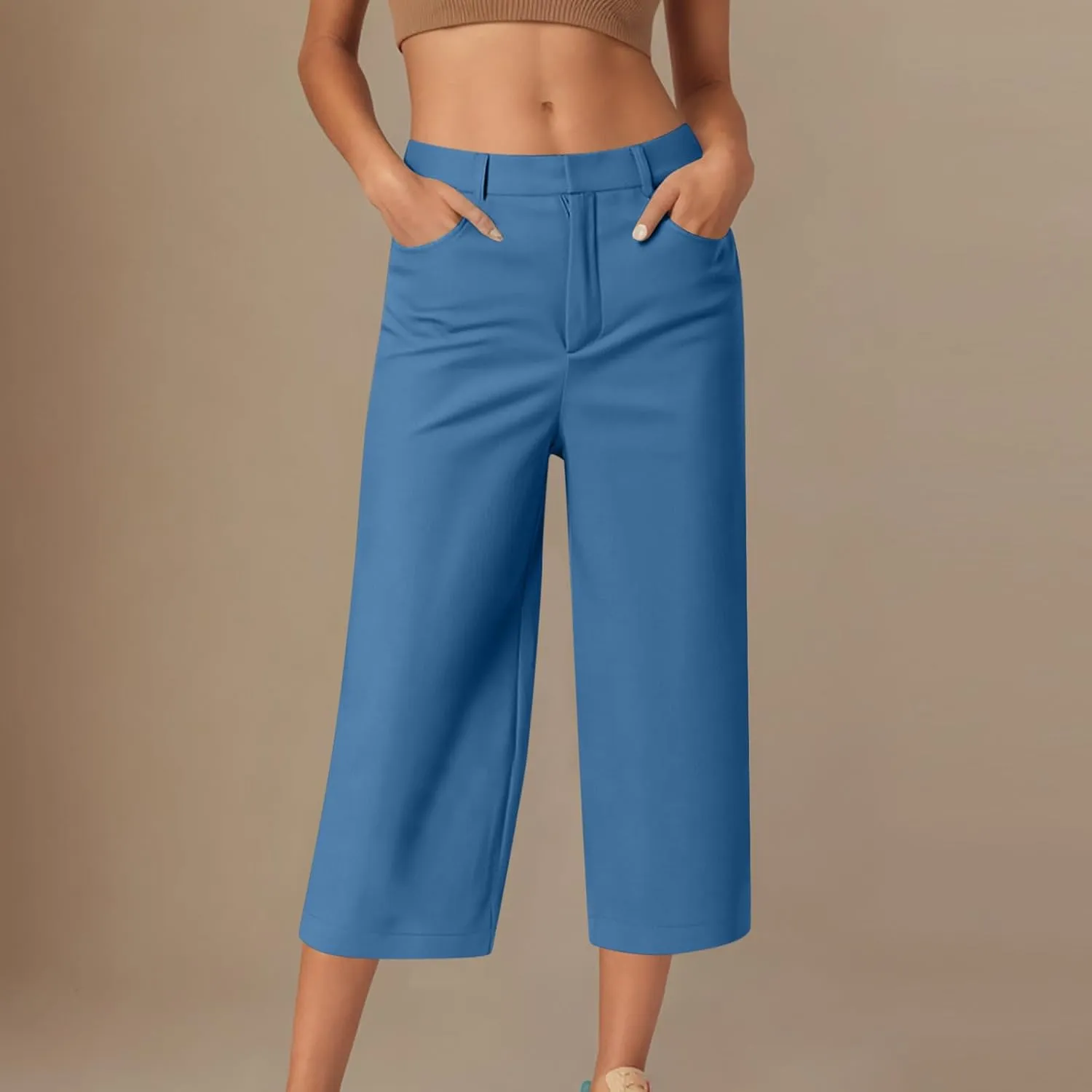 Capri Pants for Women High Waisted Wide Leg Lounge Capris Stretch Trendy Work Business Cropped Trousers