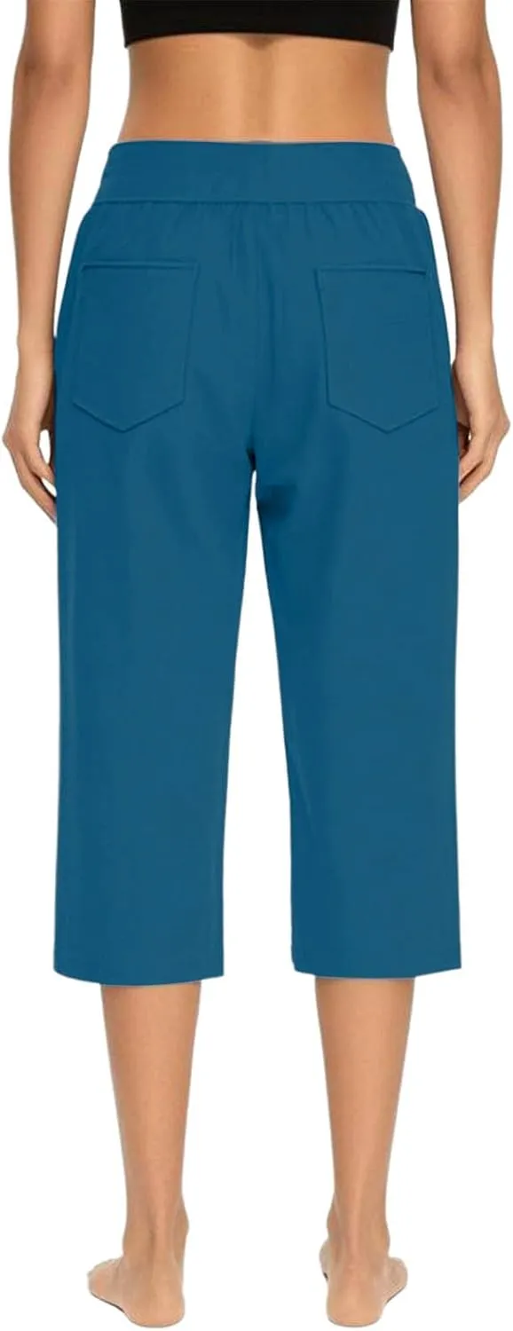 Capri Pants for Women Wide Leg Yoga Capris Dressy Casual Summer High Rise Elastic Tummy Control Crop Pants with Pockets