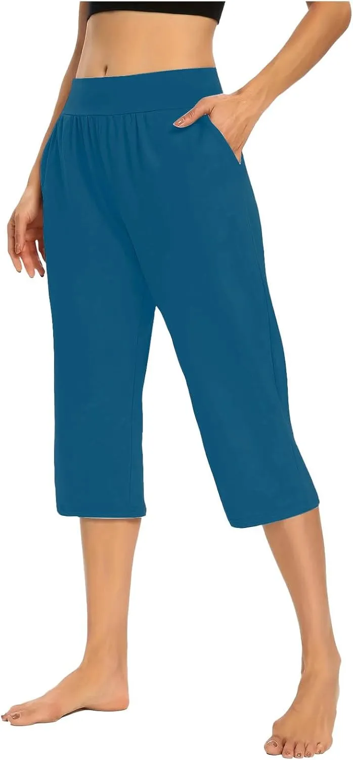 Capri Pants for Women Wide Leg Yoga Capris Dressy Casual Summer High Rise Elastic Tummy Control Crop Pants with Pockets