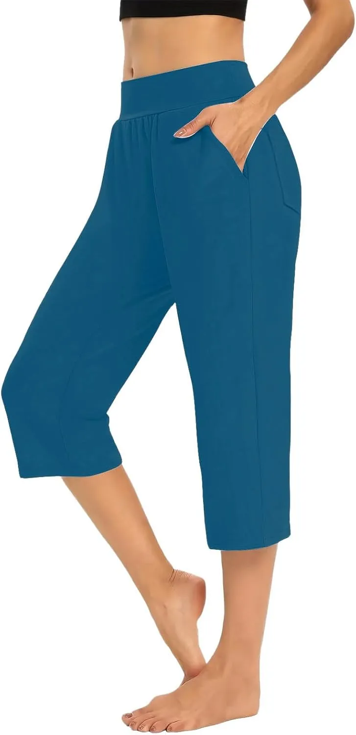 Capri Pants for Women Wide Leg Yoga Capris Dressy Casual Summer High Rise Elastic Tummy Control Crop Pants with Pockets
