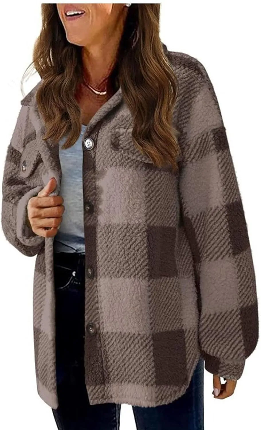 Ceboyel Womens 2023 Flannel Jacket Shackets Lapel Collar Plaid Shirt Fall Winter Trendy Clothes With Pockets