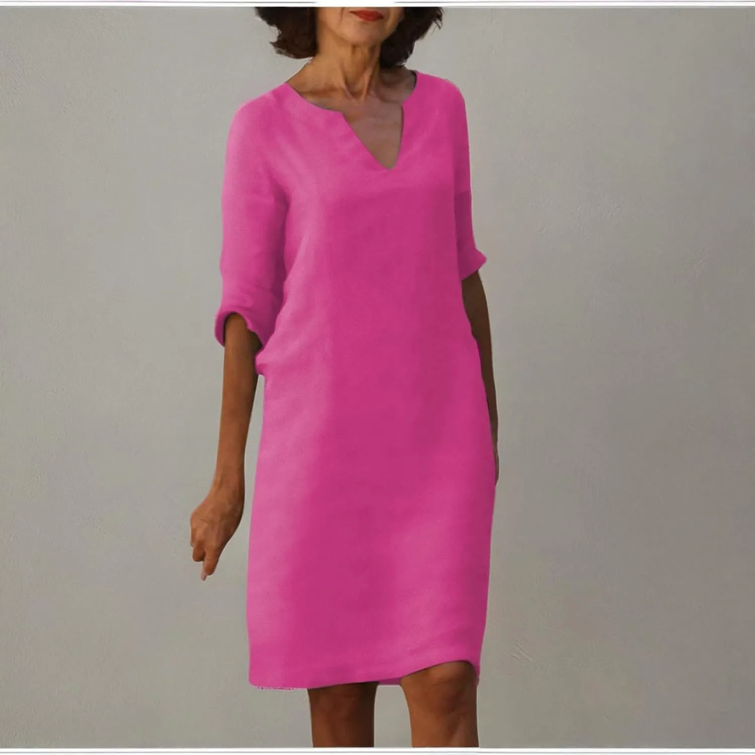 Cotton Linen Dresses for Women,2024 Summer Elegant Trendy V Neck 3/4 Sleeve Midi Dress,Casual Plain Beach Dress