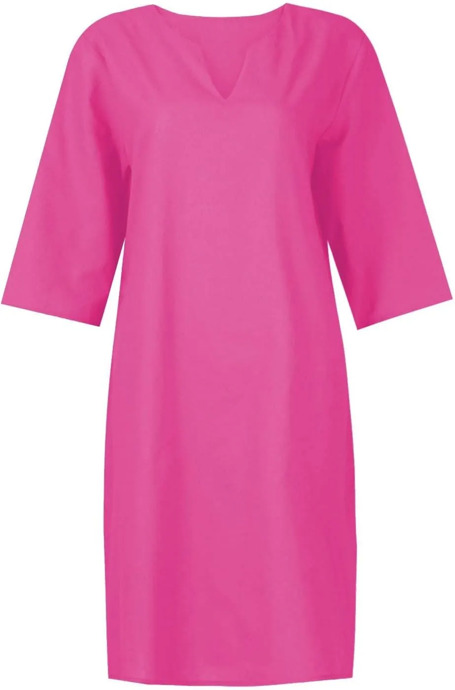 Cotton Linen Dresses for Women,2024 Summer Elegant Trendy V Neck 3/4 Sleeve Midi Dress,Casual Plain Beach Dress