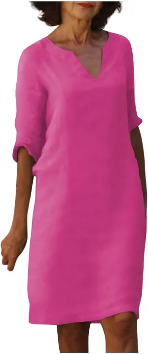 Cotton Linen Dresses for Women,2024 Summer Elegant Trendy V Neck 3/4 Sleeve Midi Dress,Casual Plain Beach Dress