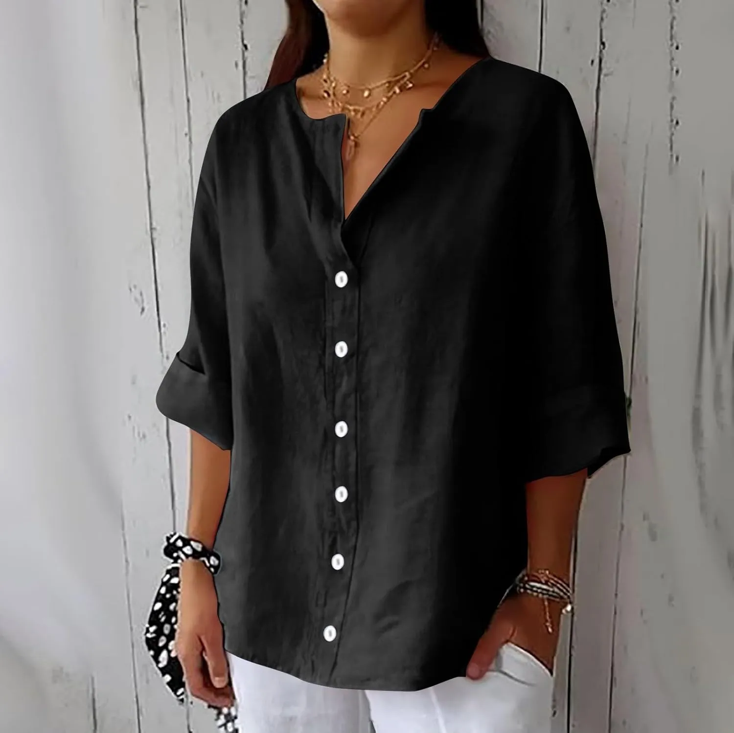 Cotton Linen Shirts for Women 2025 Trendy Summer Loose Fit Casual V Neck 3/4 Sleeve Peasant Blouses Beach Tunic Tops