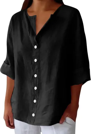 Cotton Linen Shirts for Women 2025 Trendy Summer Loose Fit Casual V Neck 3/4 Sleeve Peasant Blouses Beach Tunic Tops