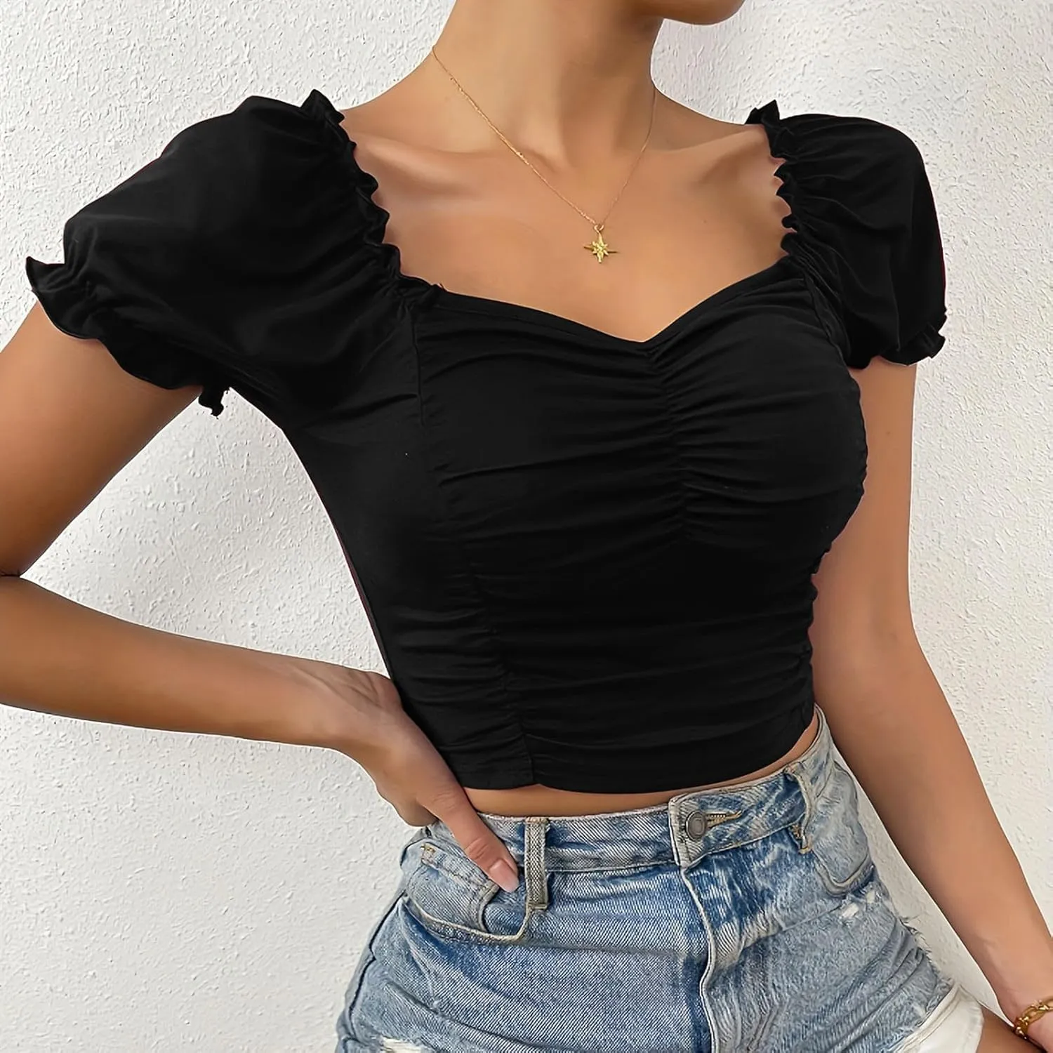 Crop Tops for Women Ruched Puff Sleeve Cute Y2k Tops Sweetheart Neck Frill Trim Summer Lightweight Going Out Blouse