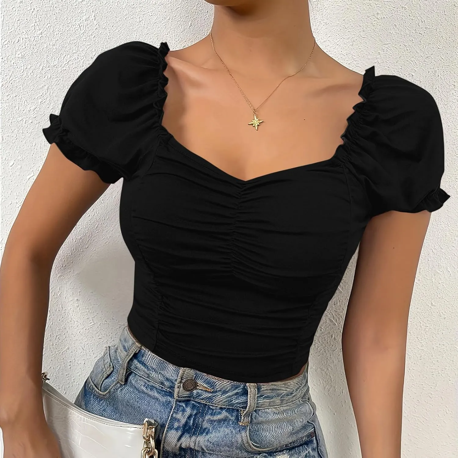 Crop Tops for Women Ruched Puff Sleeve Cute Y2k Tops Sweetheart Neck Frill Trim Summer Lightweight Going Out Blouse