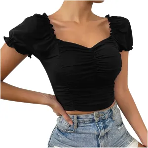 Crop Tops for Women Ruched Puff Sleeve Cute Y2k Tops Sweetheart Neck Frill Trim Summer Lightweight Going Out Blouse
