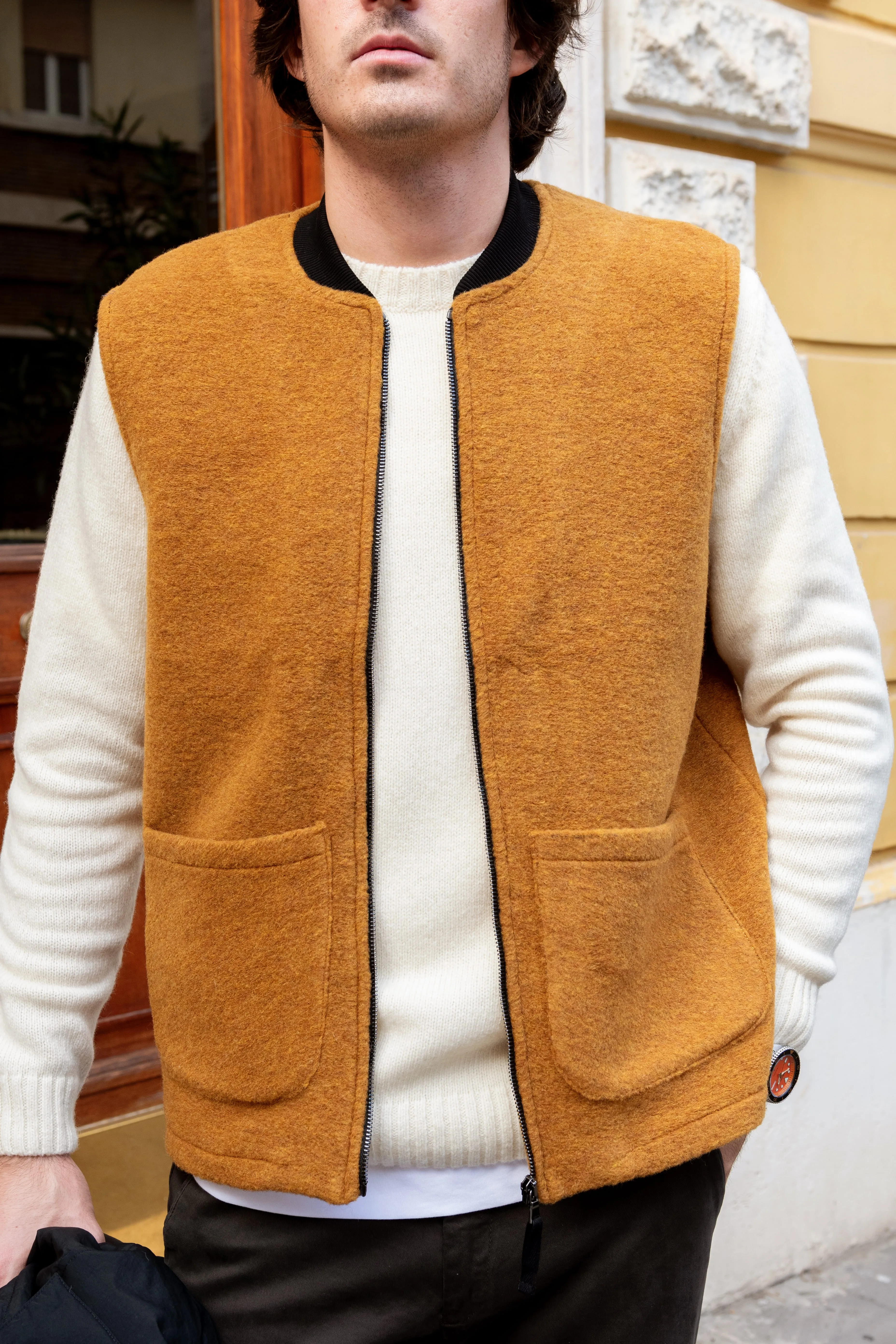Gilet Mixed Boiled Wool Dark Ocra