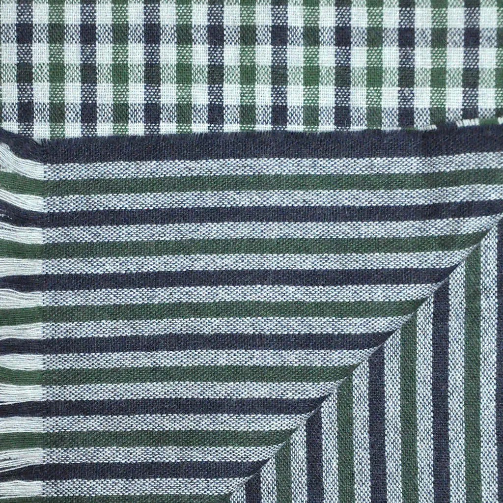 Gingham & Stripes Lambswool & Angora Scarf in Green & Blue