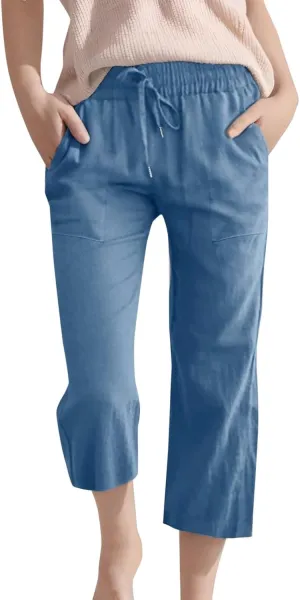 Girls 3/4 Linen Straight Wide Leg Pants Baggy Solid Color High Elastic Waist Trousers Lightweight Pants with Pockets
