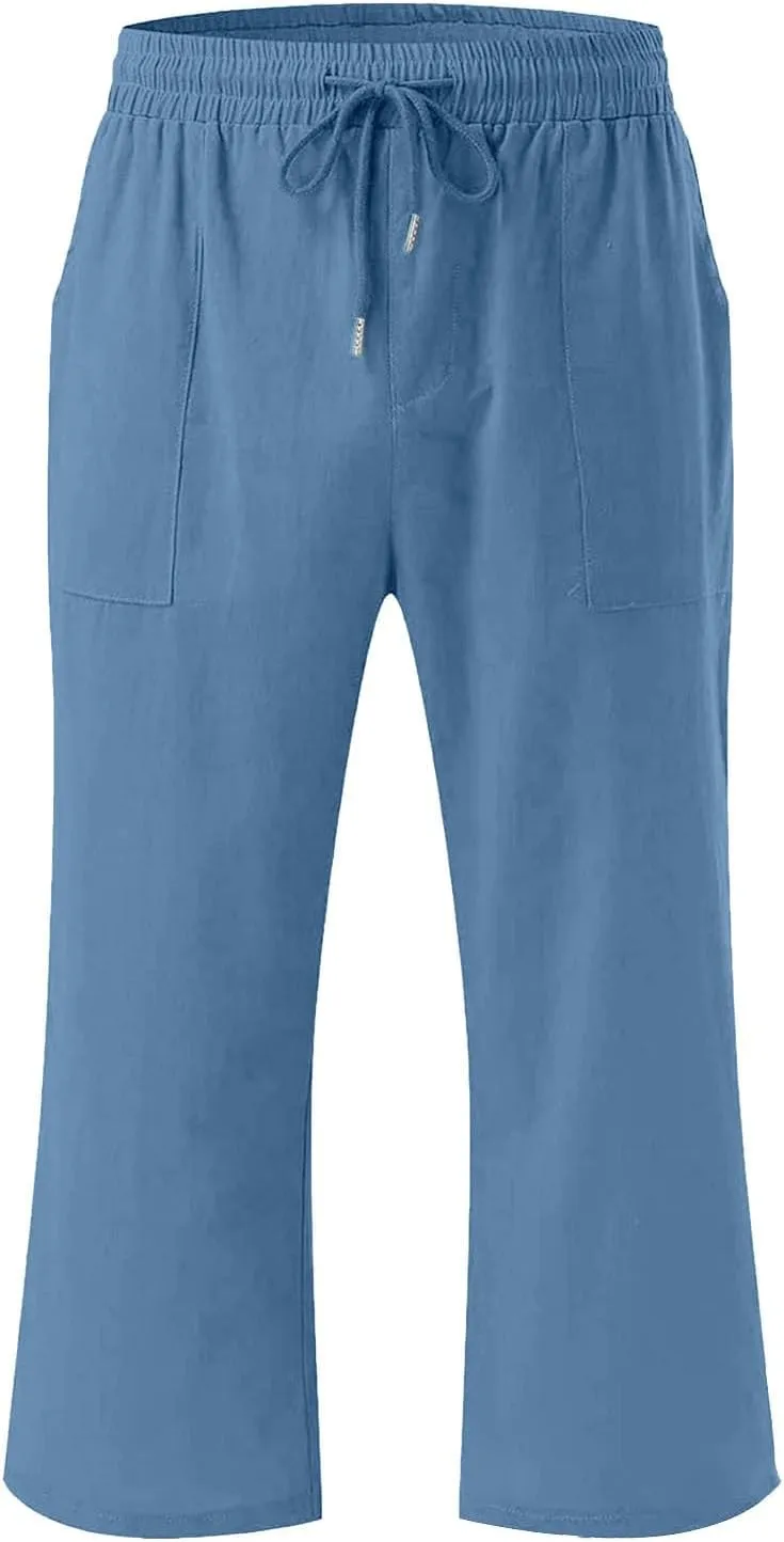 Girls 3/4 Linen Straight Wide Leg Pants Baggy Solid Color High Elastic Waist Trousers Lightweight Pants with Pockets