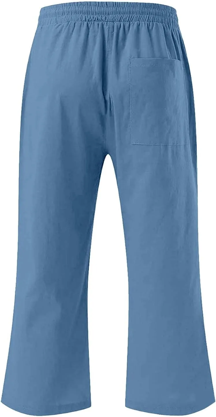 Girls 3/4 Linen Straight Wide Leg Pants Baggy Solid Color High Elastic Waist Trousers Lightweight Pants with Pockets