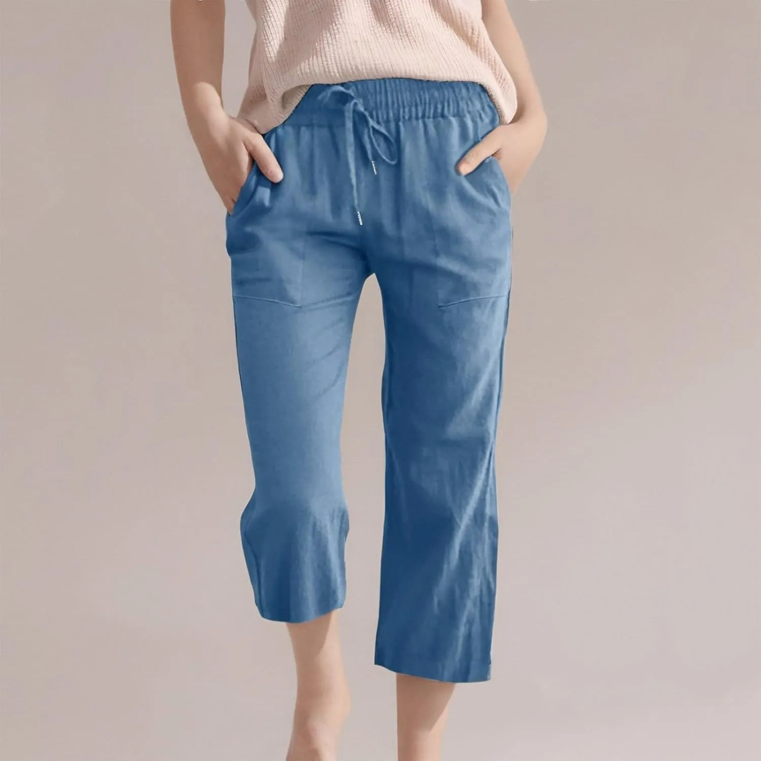 Girls 3/4 Linen Straight Wide Leg Pants Baggy Solid Color High Elastic Waist Trousers Lightweight Pants with Pockets