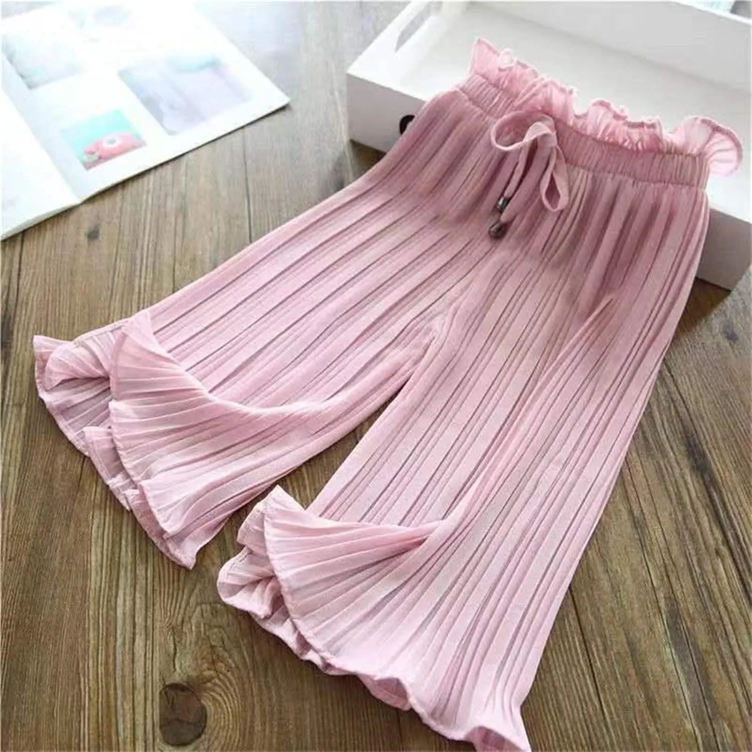 Girls Wide Leg Ruffle Pants Baggy Flowy Trim Cropped Elastic Waist Lightweight Trousers Casual Loose Pants Clothes