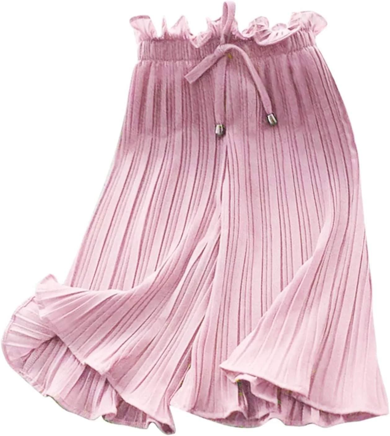 Girls Wide Leg Ruffle Pants Baggy Flowy Trim Cropped Elastic Waist Lightweight Trousers Casual Loose Pants Clothes