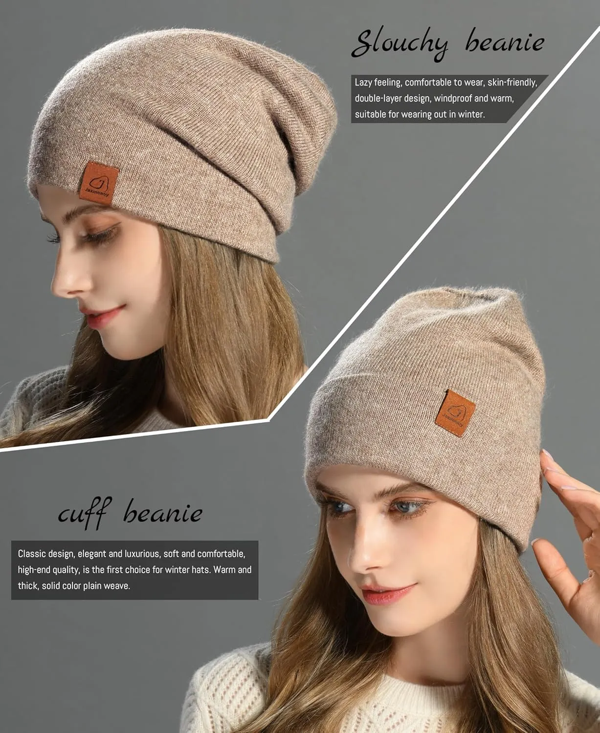 jaxmonoy Slouchy Knit Beanies Winter Hats for Women Men Soft Warm Reversible Slouch Cuffed Skull Knitted Beanie Cap