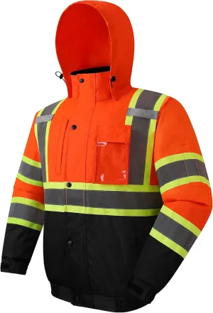 JKSafety Hi-Vis Winter Safety Bomber Jacket for men and women | Winter Safety Jacket Durable and Waterproof | Construction Work Jacket for Winter | Cold Weather PPE | ANSI Class 3 (116-OBlk L)