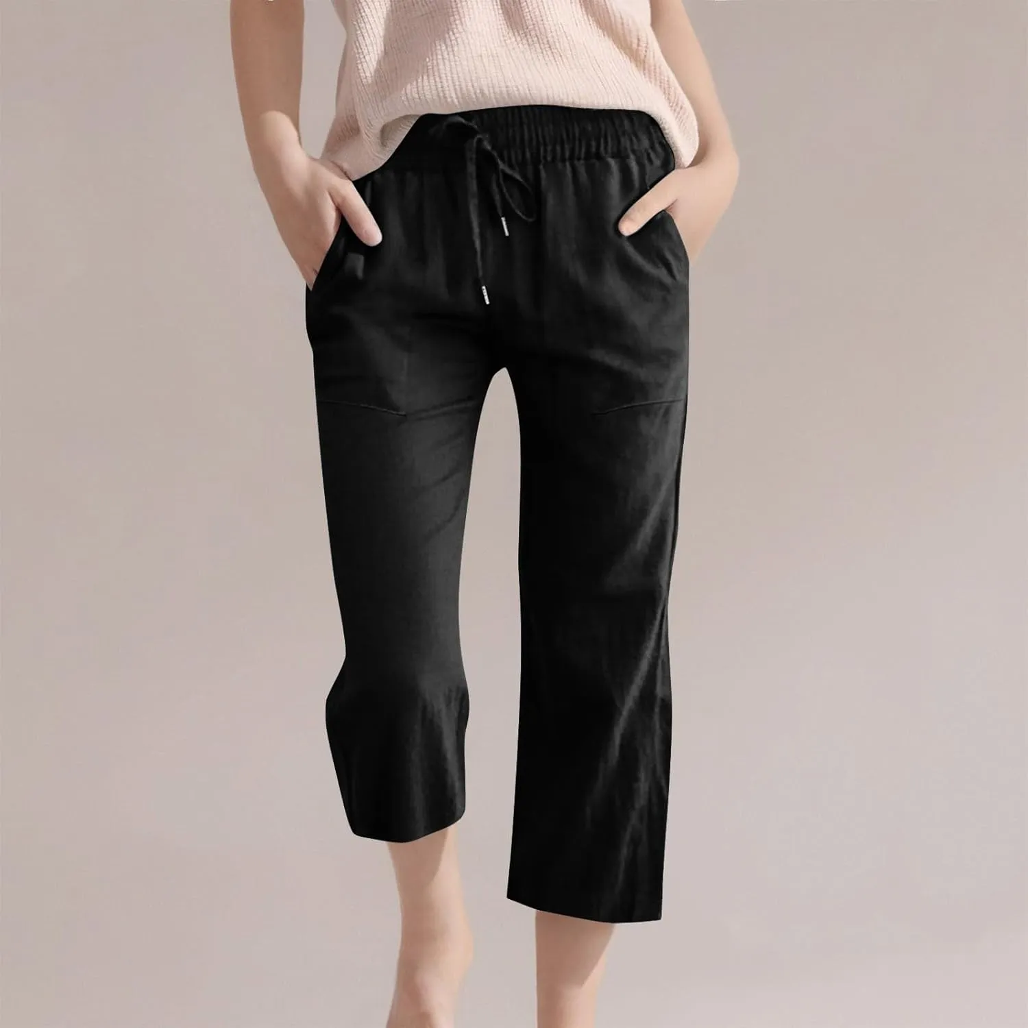 Kids Girls 3/4 Pants Elastic Waist Straight Wide Leg Solid Color Daily Casual Pants Loose Fit Trousers with Pockets