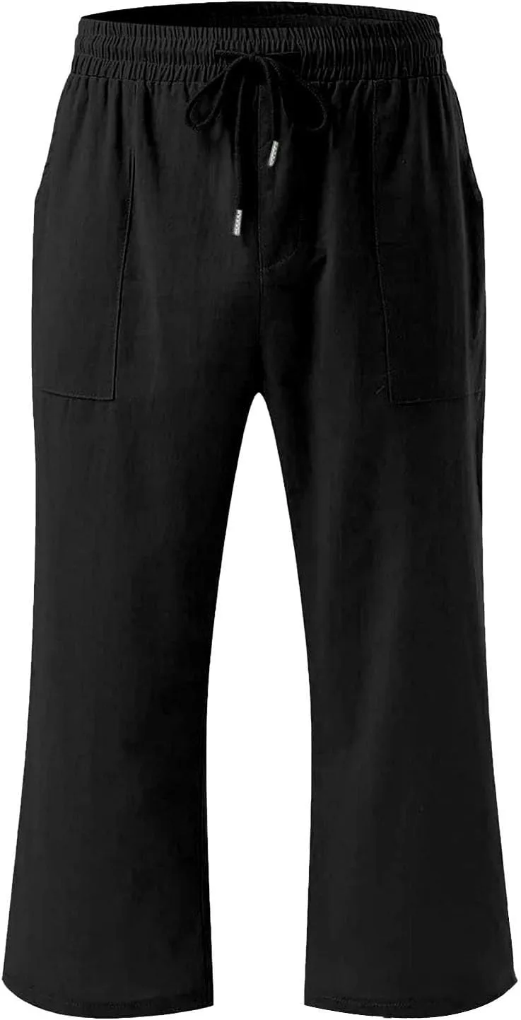 Kids Girls 3/4 Pants Elastic Waist Straight Wide Leg Solid Color Daily Casual Pants Loose Fit Trousers with Pockets
