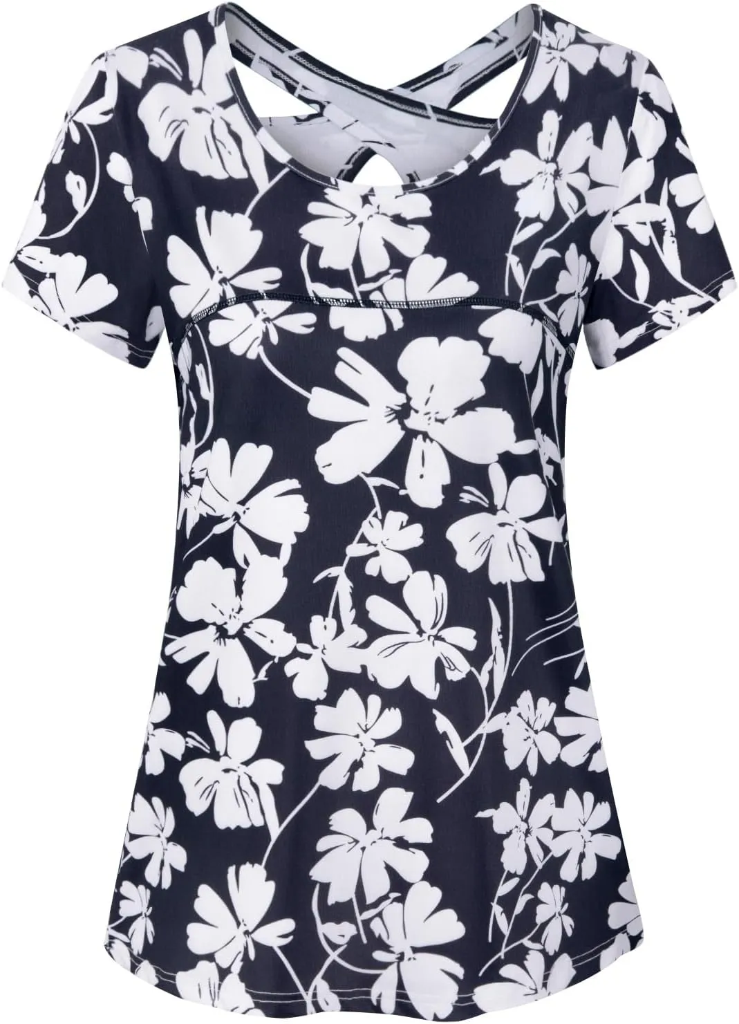 Kimmery Woman Short Sleeve Round Neck Criss Cross Back Yoga Shirt