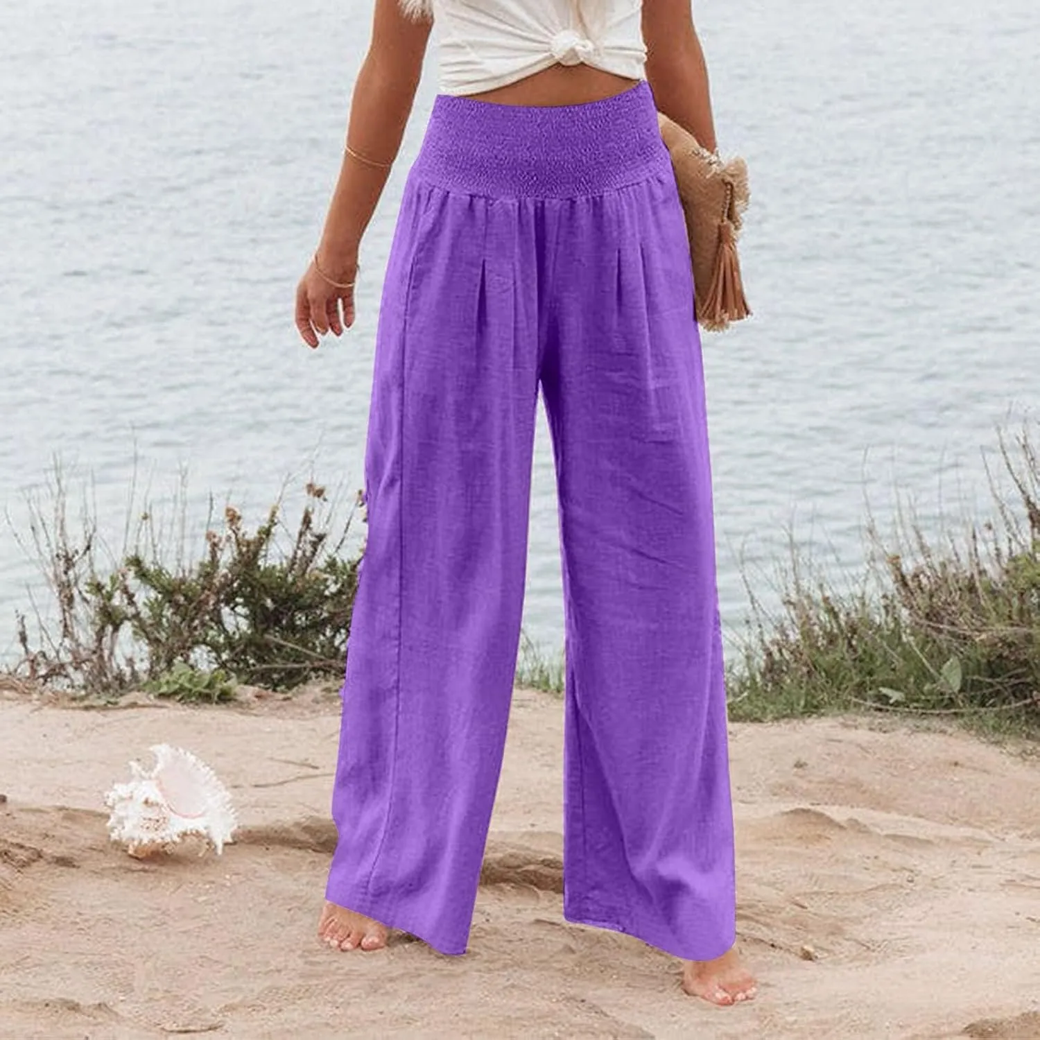 Linen Palazzo Pant Women 2025 Summer Boho Wide Leg High Waist Lounge Pants Casual Beach Vacation Outfits