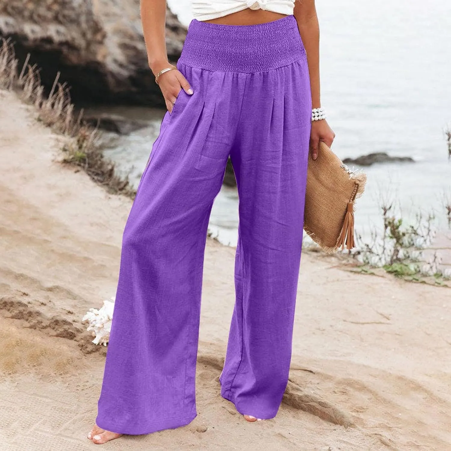 Linen Palazzo Pant Women 2025 Summer Boho Wide Leg High Waist Lounge Pants Casual Beach Vacation Outfits
