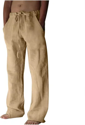 Linen Pants Men Casual Lightweight Loose Summer Beach Pant Elastic Waist Drawstring Wide Leg Yoga Trouser with Pocket