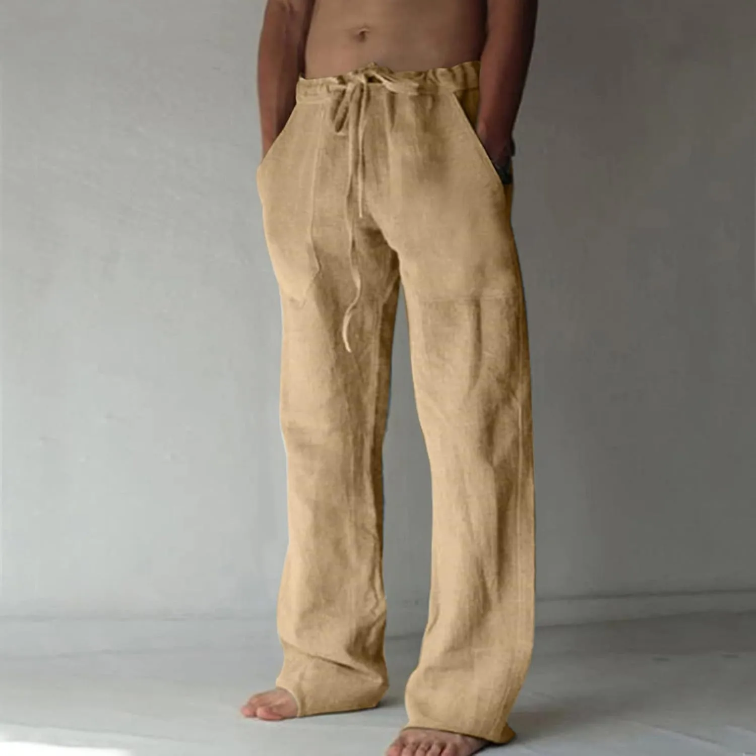 Linen Pants Men Casual Lightweight Loose Summer Beach Pant Elastic Waist Drawstring Wide Leg Yoga Trouser with Pocket