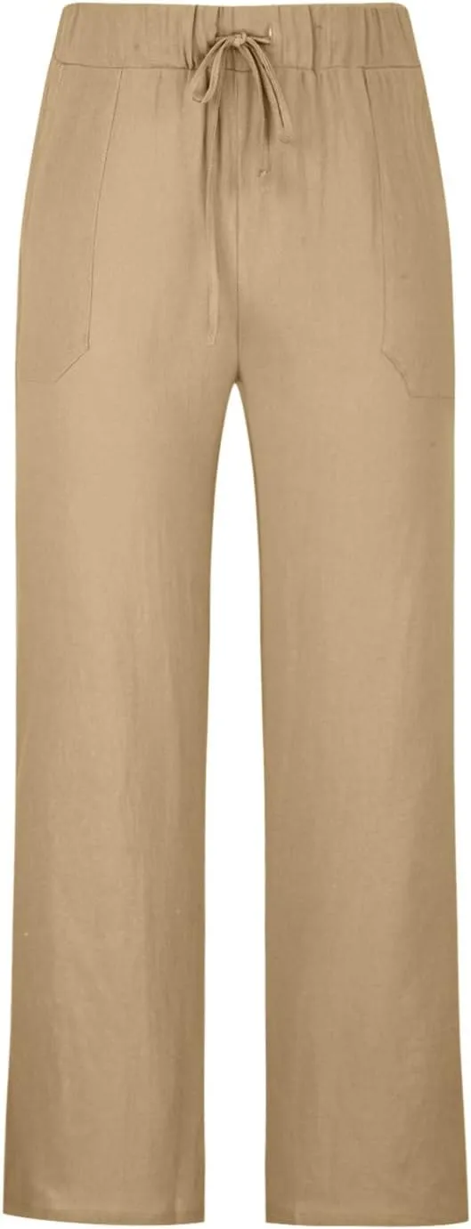 Linen Pants Men Casual Lightweight Loose Summer Beach Pant Elastic Waist Drawstring Wide Leg Yoga Trouser with Pocket