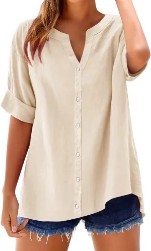 Linen Shirts for Women V Neck Button Down Blouse Roll Up Short Sleeve Tunics Vintage Beach Tops Travel Clothes