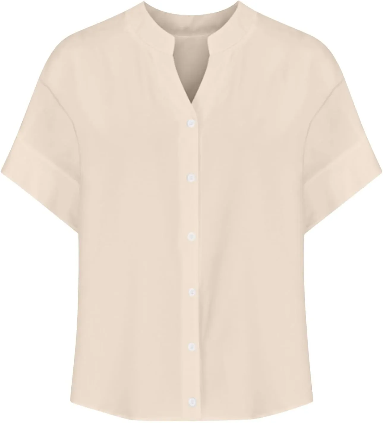Linen Shirts for Women V Neck Button Down Blouse Roll Up Short Sleeve Tunics Vintage Beach Tops Travel Clothes